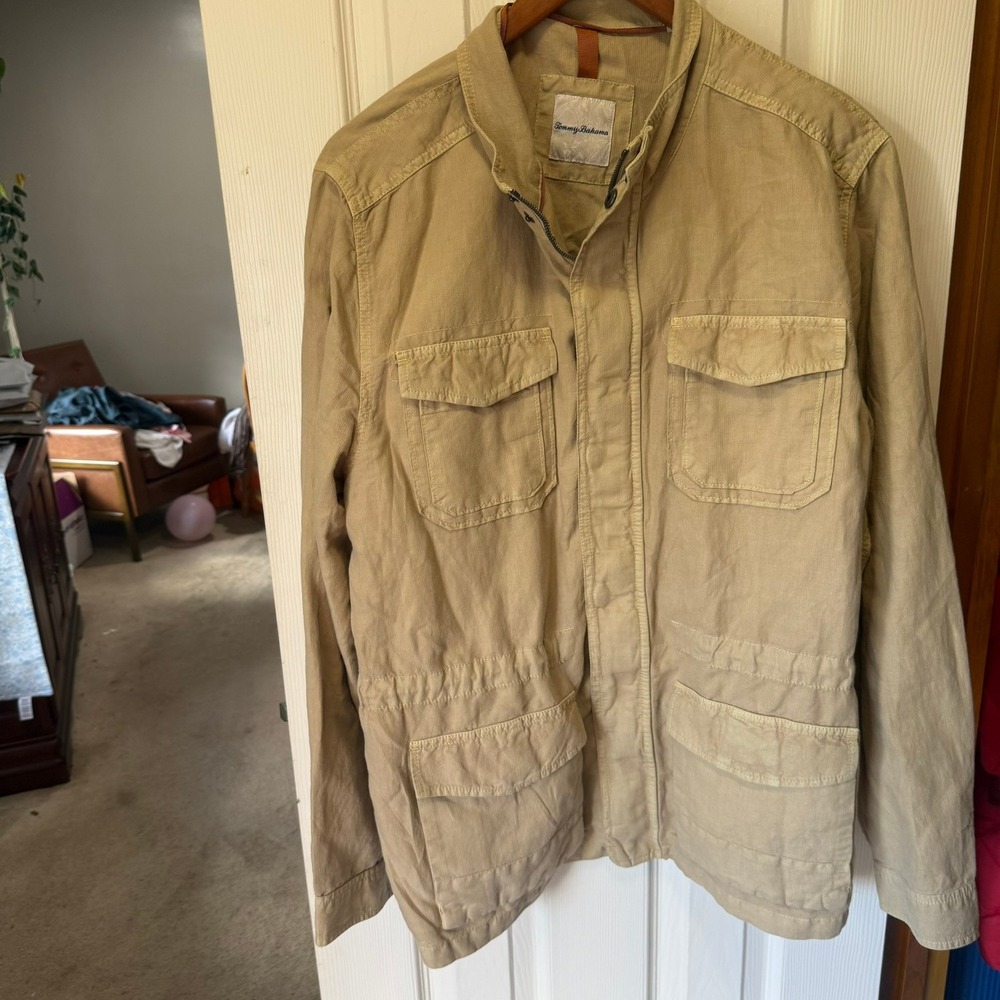 Tommy Bahama Mens L Khaki Linen Blend Utility Jacket Safari Field Chore Coat